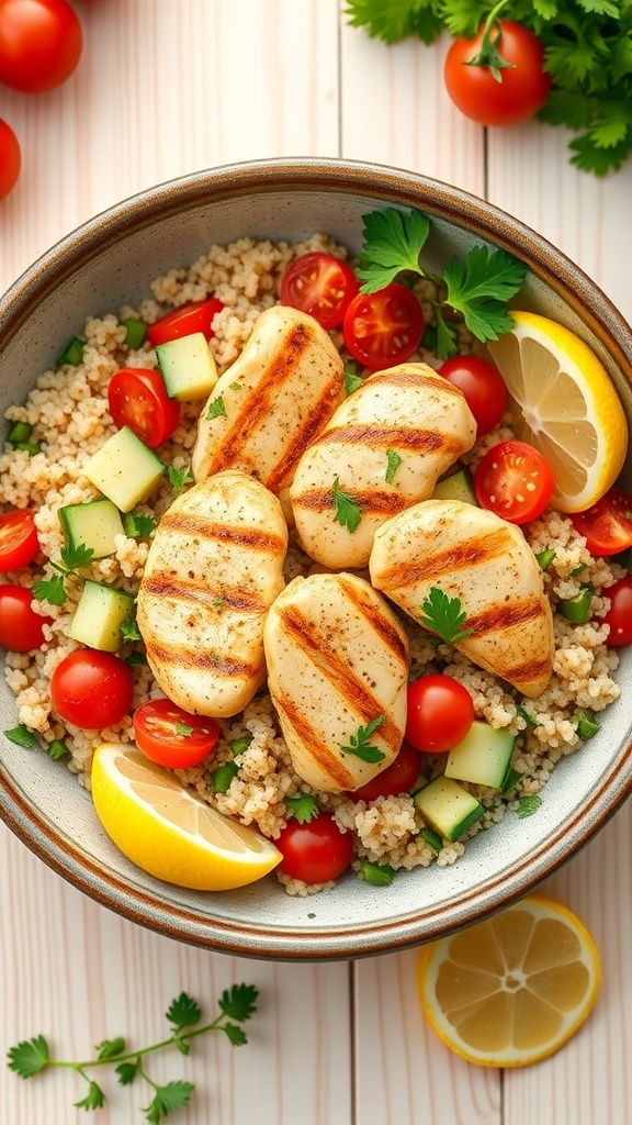 Lemon herb chicken quinoa bowl with grilled chicken, quinoa, cherry tomatoes, cucumber, and parsley on a wooden table.